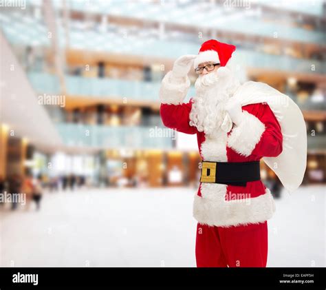 Man In Costume Of Santa Claus With Bag Stock Photo Alamy