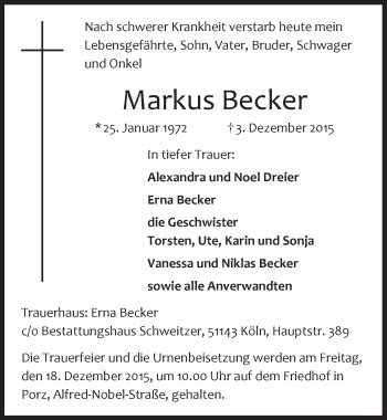 Traueranzeigen Von Markus Becker Wirtrauern