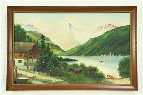 Bavarian Alps Scene With Chalet Vintage Original Oil Painting