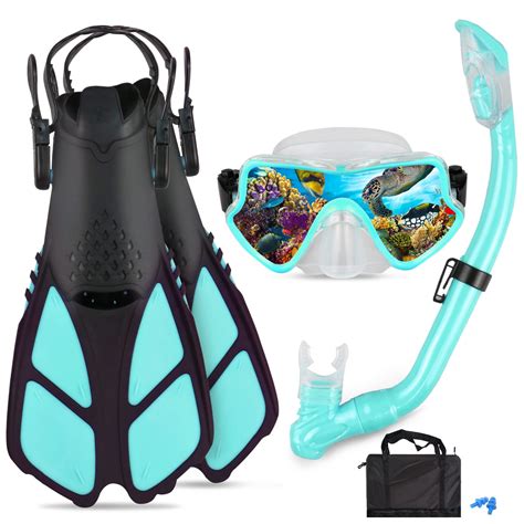 AosDero Kids Snorkeling Set - Tiffany Blue | Adjustable Flippers, Panoramic Mask, Dry Snorkel ...