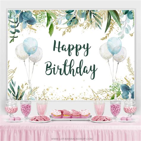 Glitter Green Leaves And Balloons Birthday Backdrop Lofaris