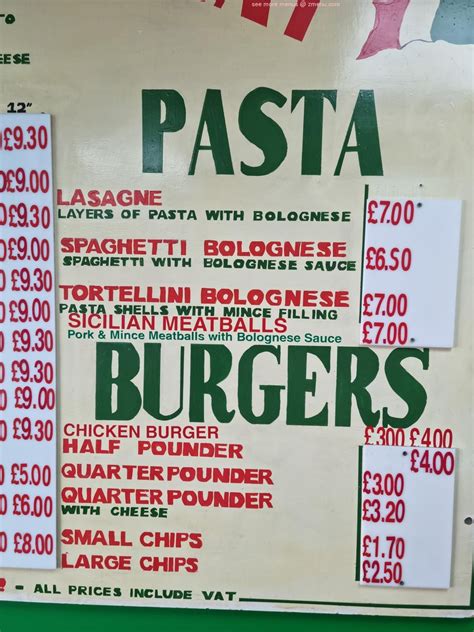 Menu at Enzo's fast food, Burnley