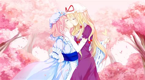 2girls Augetsix Butterfly Dress Hat Kiss Leaves Saigyouji Yuyuko Shoujo