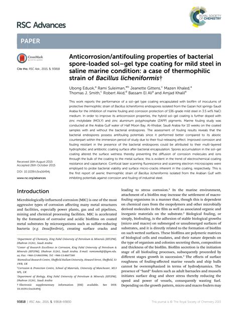 Pdf Anticorrosion Antifouling Properties Of Bacterial Spore Loaded