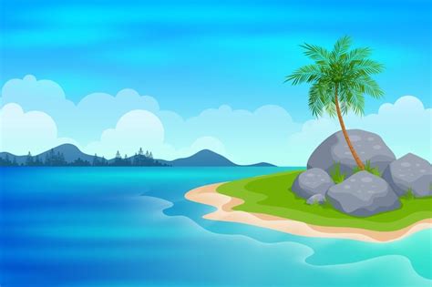 Остров в море с камнем и пальмами мультфильм иллюстрация | Премиум векторы