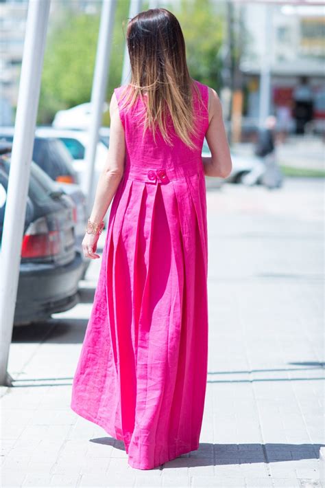 Pink Linen Long Dress Hot Pink Linen Maxi Dress Sleeveless Etsy