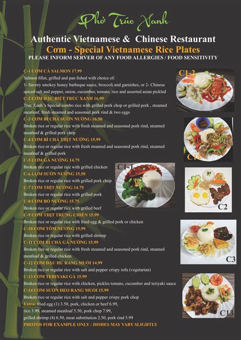 Menu Vietnamese Restaurant Vista Calif Pho Truc Xanh