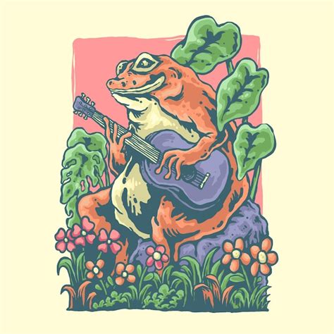 Diseño de ilustración de una rana tocando la guitarra Vector Premium