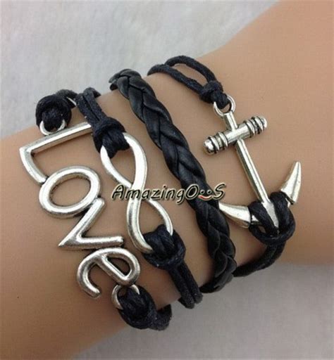 Antique Silvery Infinity Anchor Love Bracelet Handmade Black Leather