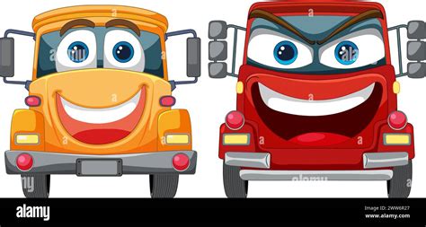Two Smiling Animated Vehicles With Expressive Eyes Stock Vector Image