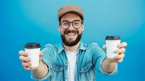 Premium Photo A Man Wearing Glasses Holding Two Coffee Cups