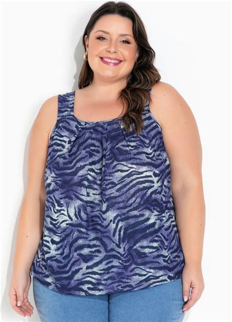 Blusa Zebra Azul Pregas No Decote Plus Size Queima De Estoque