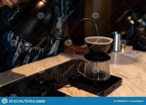Making Pour Over Coffee With Hot Water From A Kettle Stock Image Image Of Business Dark