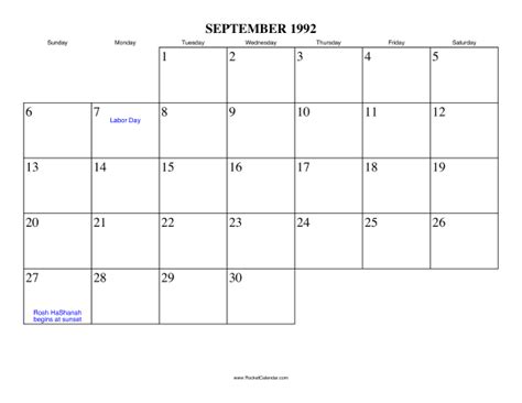 September 1992 Calendar