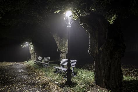 Download Bench Lamp Post Night Photography Park HD Wallpaper