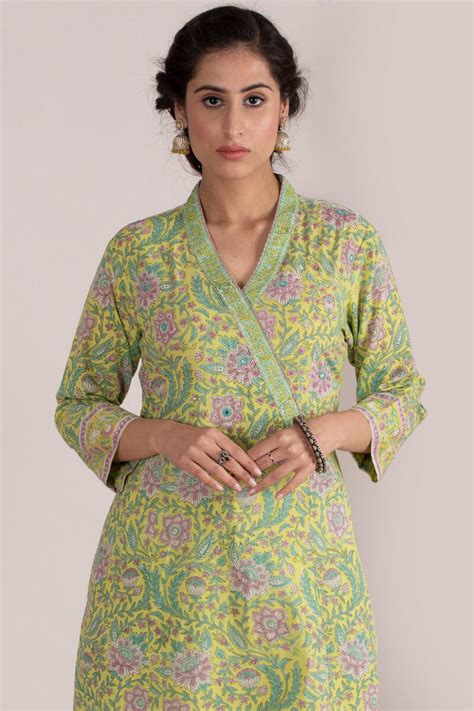 Buy Green Block Printed A Line Cotton Kurta Green Kurta For Women