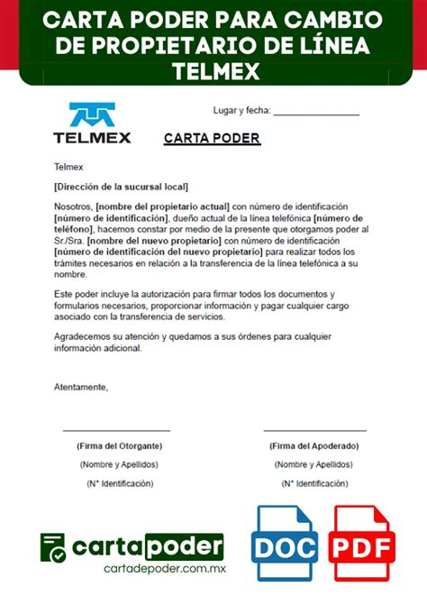 Carta Poder Para Cambio De Propietario De L Nea Telmex