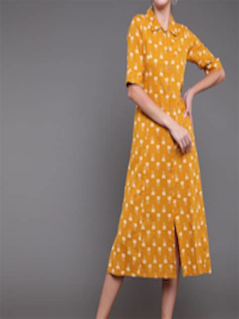 Buy Antaran Women Yellow Printed Pure Cotton A Line Midi Dress