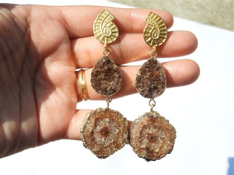 Druzy Earrings Natural Solar Quartz Druzy Earrings Kt Gold