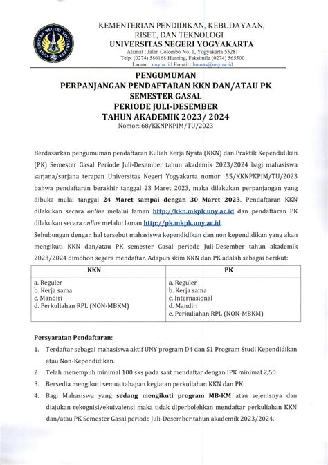 Pengumuman Perpanjangan Pendaftaran Kkn Danatau Pk Semester Gasal Periode Juli Desember Tahun