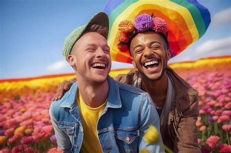 Premium Ai Image A Beautiful Happy Gay Couple With Rainbow Colors In A Flower Field Lgbtq