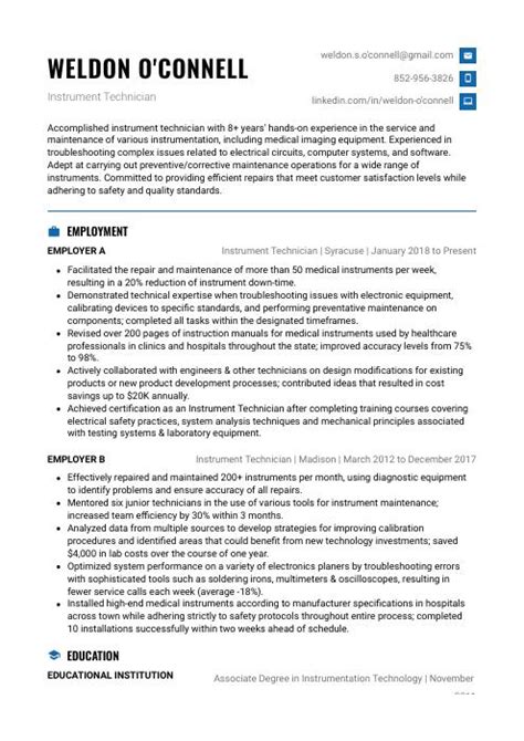 Instrument Technician Resume (CV) Example and Writing Guide