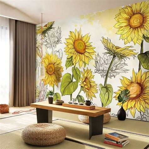 Simple Sunflowers Floral Wallpaper Wall Mural Home Decor Etsy Uk