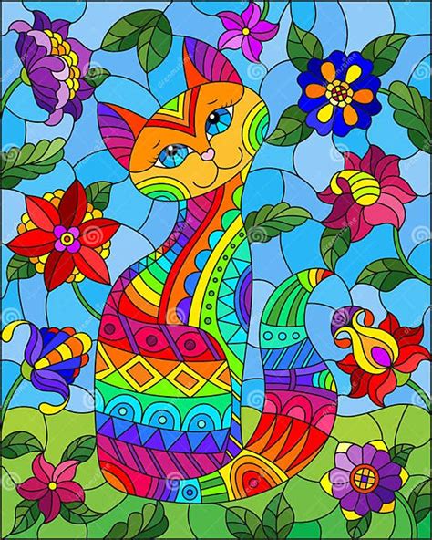 Stained Glass Illustration With A Rainbow Cute Cat On A Background Of Meadows Bright Flowers