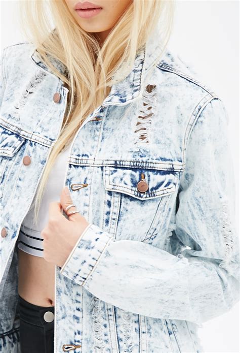 Forever 21 Distressed Acid Wash Denim Jacket In Blue Lyst