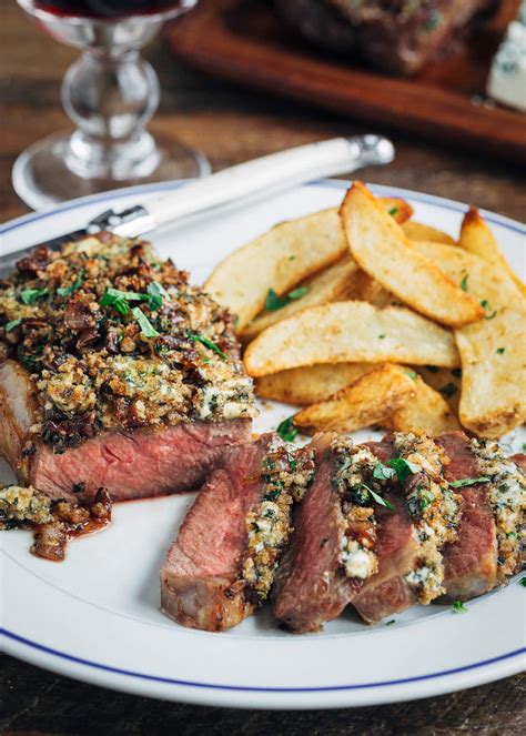 Blue Cheese Crusted Steak With Balsamic Shallots Striped Spatula