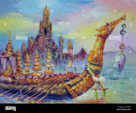 Original Art Painting Oil Color Royal Barge Thailand Suphannahong