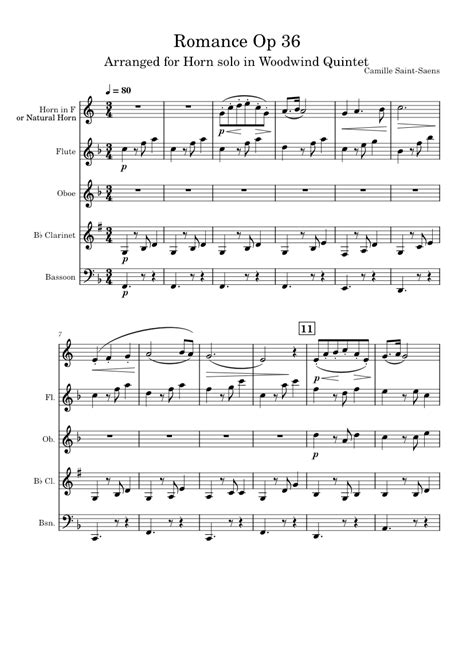 Romance Op36 Camille Saint Saëns Romanzeopus36 Hn In Woodwind Quintet Sheet Music For