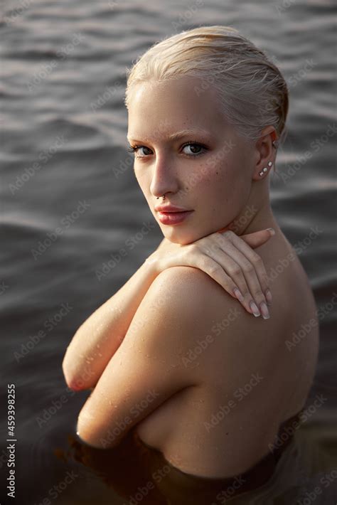 Nude Naked Sexy Woman In Water At Sunset Beautiful Blonde Woman With Short Wet Hair And Big