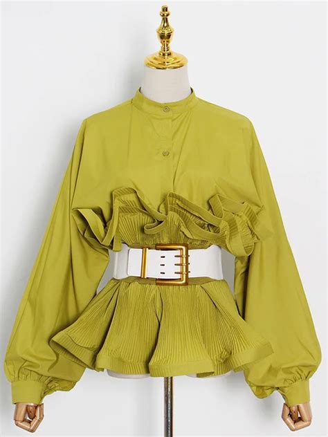 Fashionable Stand Collar Blouse Loose Fit Falbala Details Belted