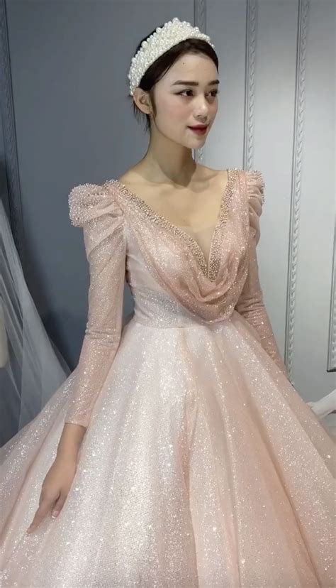 Beaded Shoulders Nude Pink Red Or Gold Sparkle Glitter Long Sleeves Deep V Ball Gown Wedding
