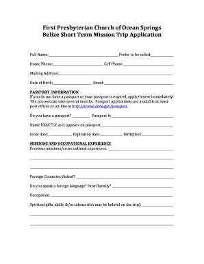 Fillable Online Mission Trip Application Agreement