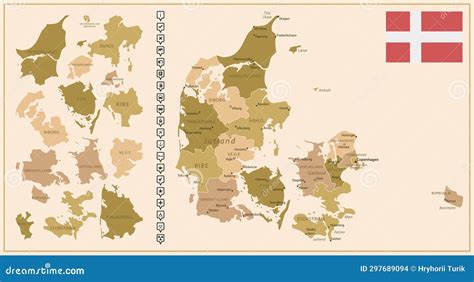 Denmark Detailed Map Of The Country In Brown Colors Divided Into