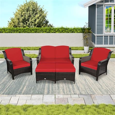 Wellfor 5 Piece Rattan Patio Conversation Set With Red Cushions In The Patio Conversation Sets