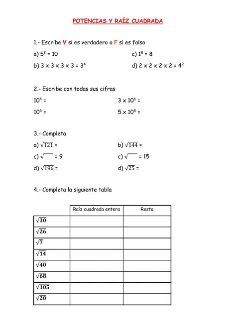 Ejercicio De Potencias Y Ra Z Cuadrada En Matematica Ejercicios