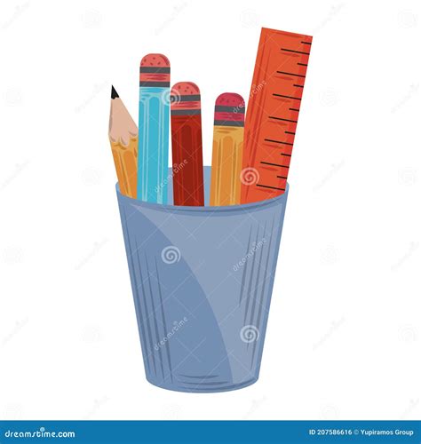 School Pencils Pen Ruler In Cup Cartoon Design Stock Vector