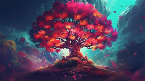 Premium Ai Image Magical Fantasy Tree With Colorful Leaves