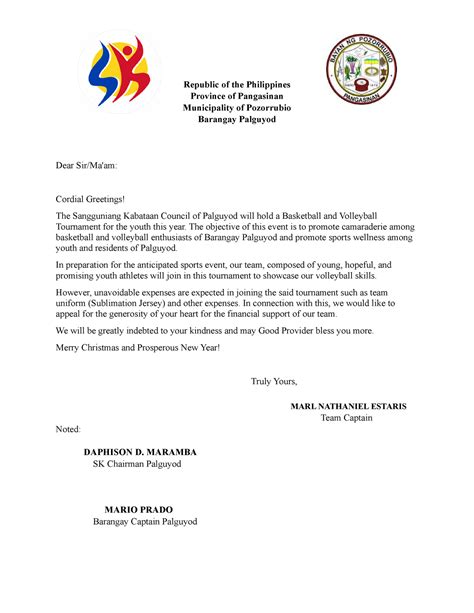 Letter For Solicitation Republic Of The Philippines Province Of