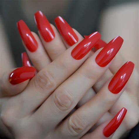 Red Coffin Nails Extra Long Press On Nails False Shine Red Ballerina