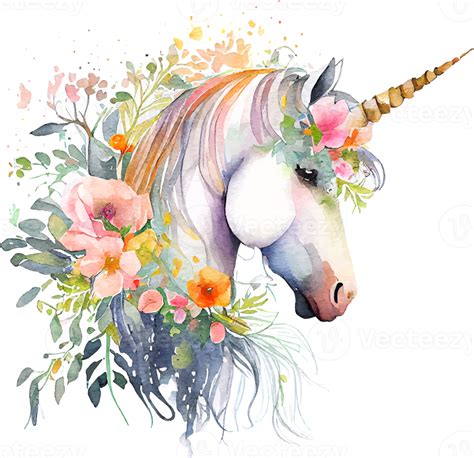 Cute Watercolor Magic Unicorn With Flowers 17394878 PNG