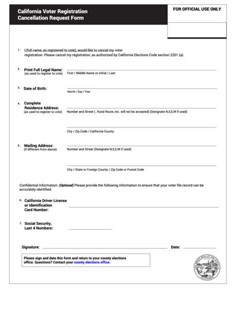 Fillable California Voter Registration Cancellation Request Form Printable Pdf Download