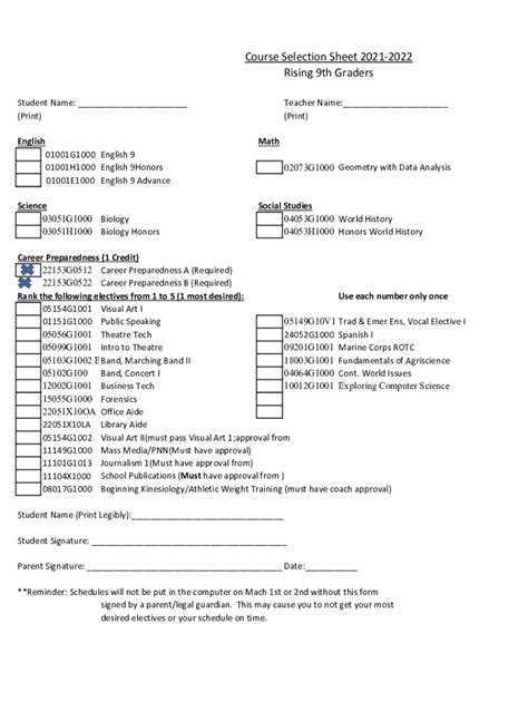 Fillable Online Course Selection Worksheet For Rising Ninth Grade