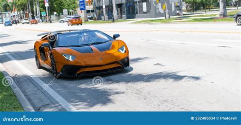 Miami Beach Florida USA April 15 2021 Red Lamborghini Aventador LP