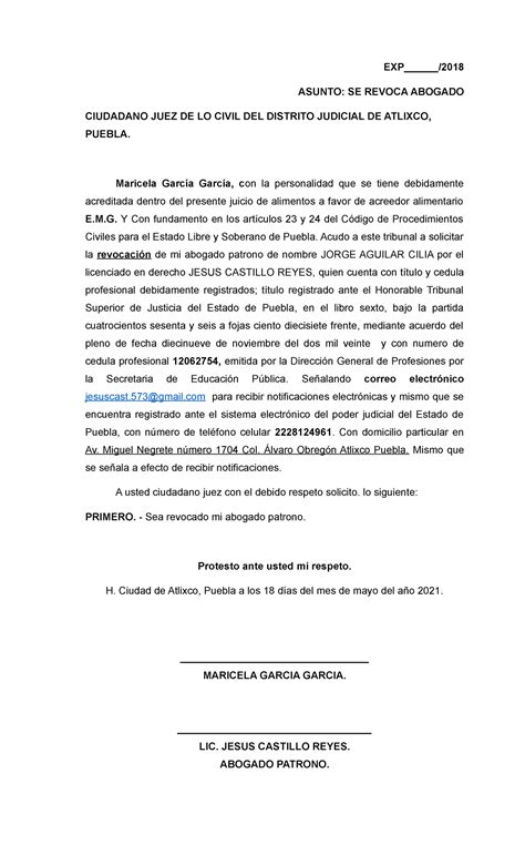 Revocación De Abogado Marciela Garcia Exp Asunto Se Revoca