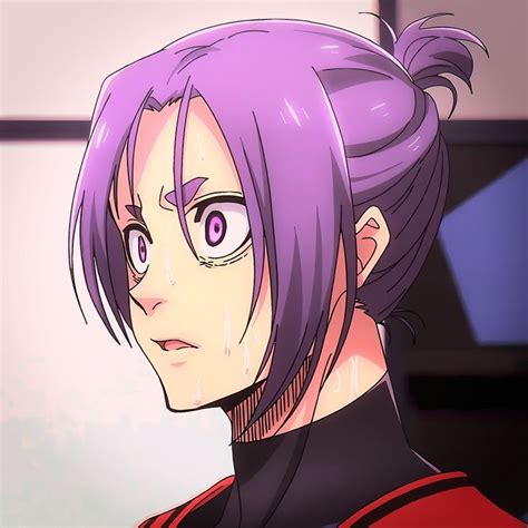 An Anime Character With Purple Hair Looking At The Camera