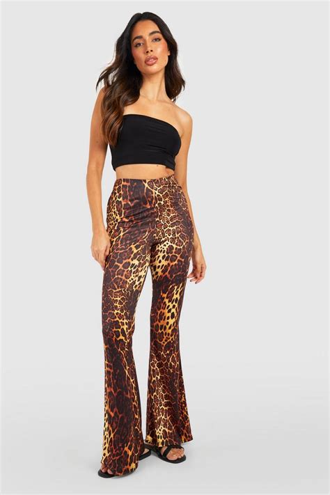 Womens Leopard Printed Slinky Flared Trousers Boohoo Uk